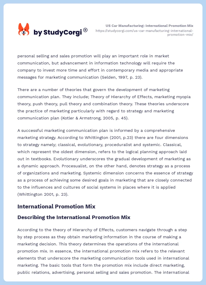 US Car Manufacturing: International Promotion Mix. Page 2