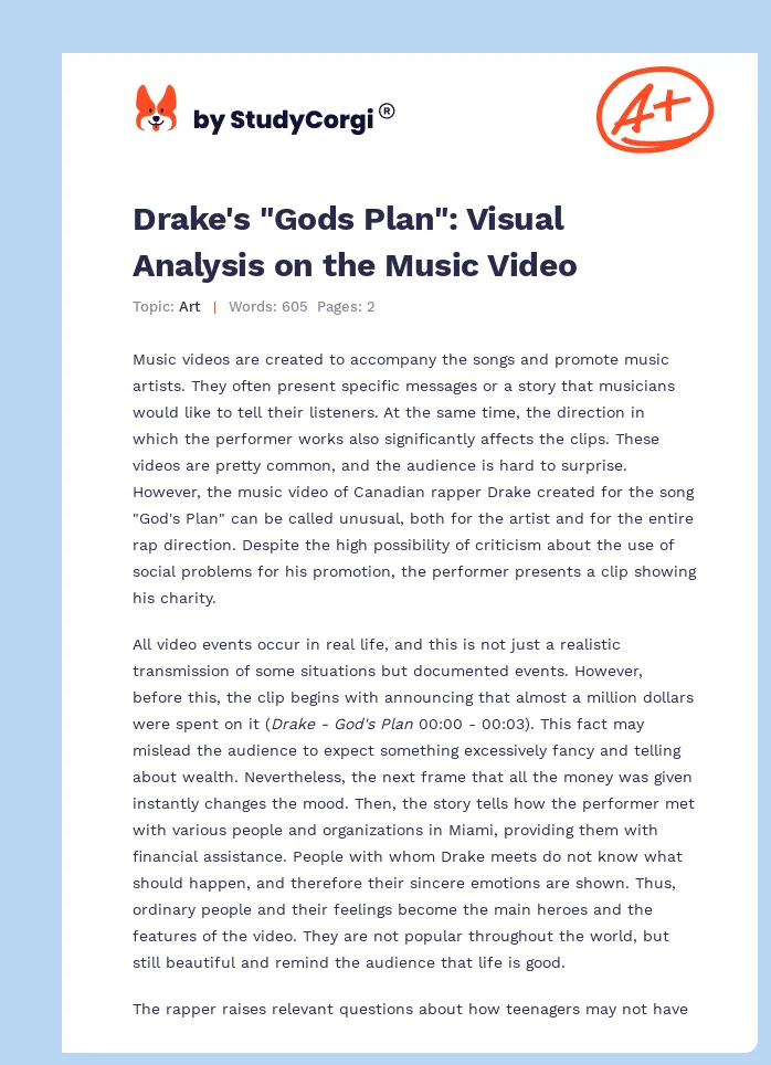 Drake's "Gods Plan": Visual Analysis on the Music Video. Page 1