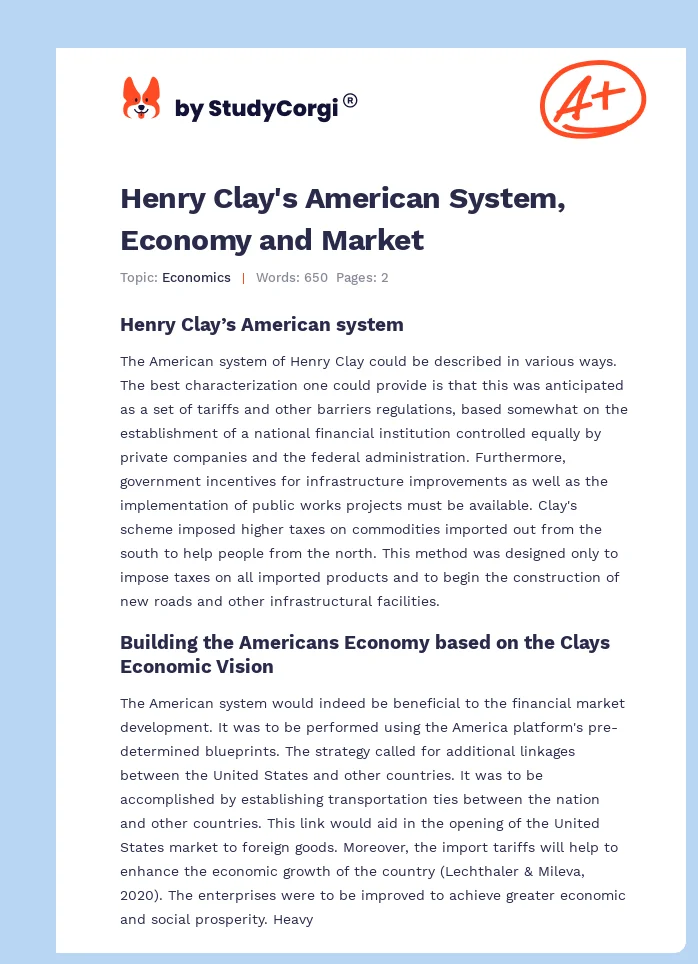 Henry Clay's American System, Economy and Market. Page 1