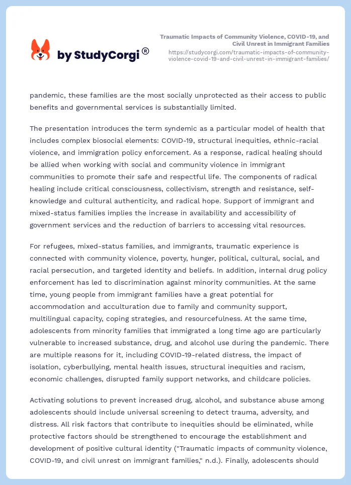 Traumatic Impacts of Community Violence, COVID-19, and Civil Unrest in Immigrant Families. Page 2