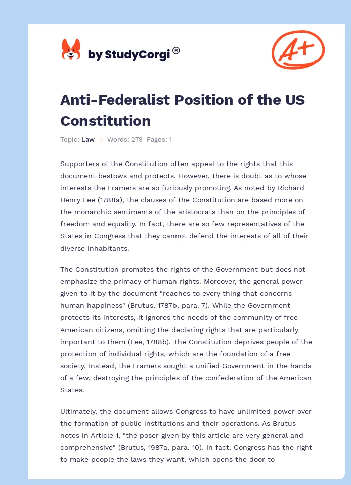 Anti-Federalist Position of the US Constitution. Page 1