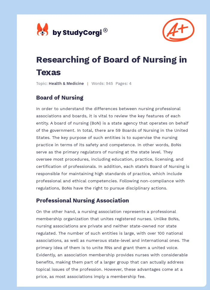 Researching of Board of Nursing in Texas. Page 1