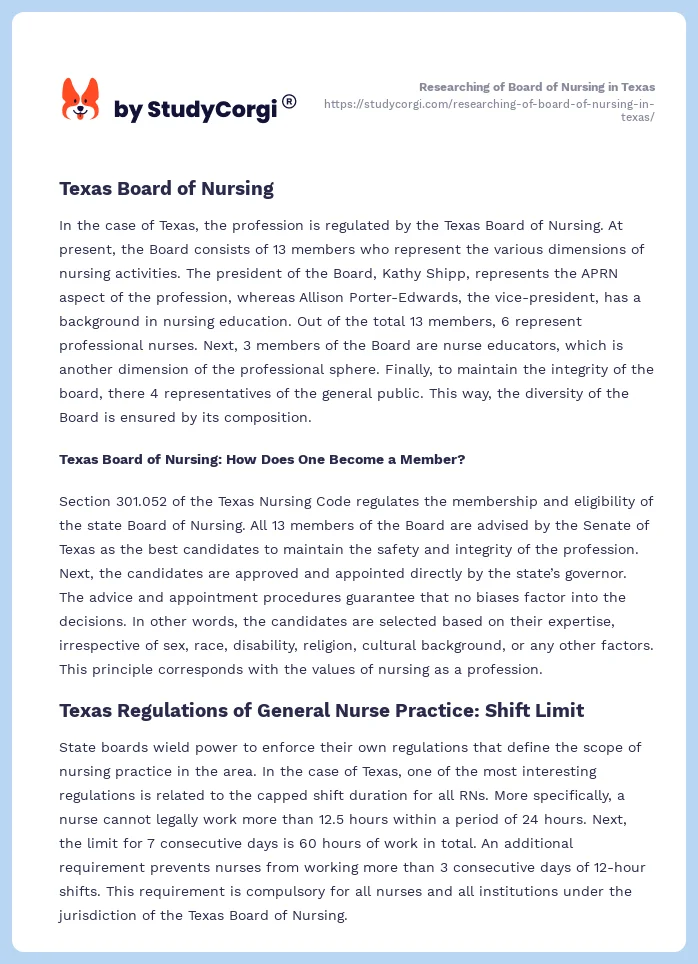 Researching of Board of Nursing in Texas. Page 2