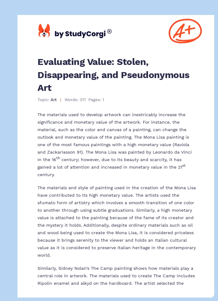 Evaluating Value: Stolen, Disappearing, and Pseudonymous Art. Page 1