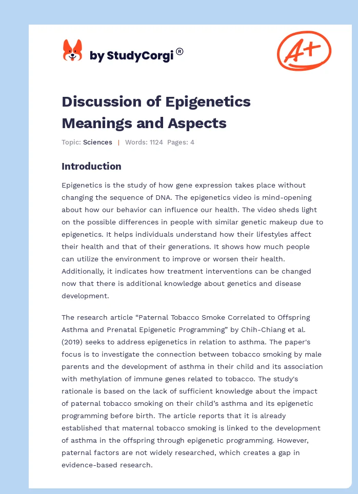 Discussion of Epigenetics Meanings and Aspects. Page 1
