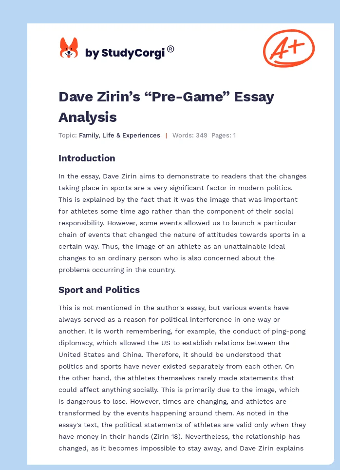 Dave Zirin’s “Pre-Game” Essay Analysis. Page 1