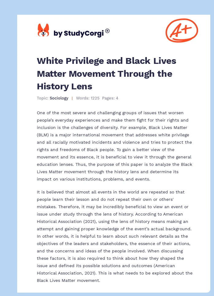 White Privilege and Black Lives Matter Movement Through the History Lens. Page 1
