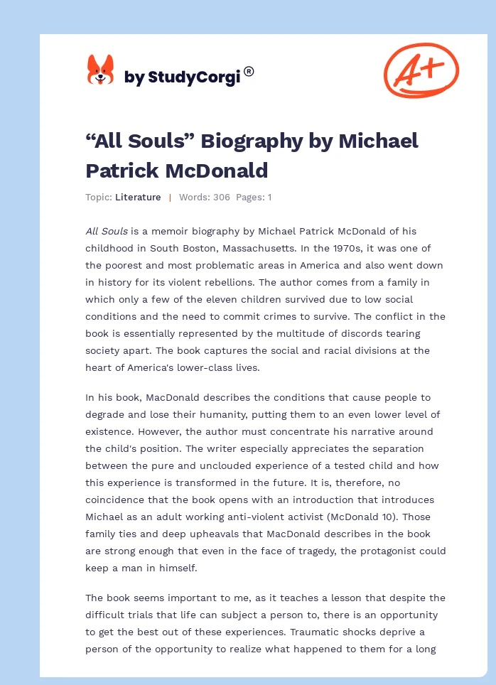 “All Souls” Biography by Michael Patrick McDonald. Page 1