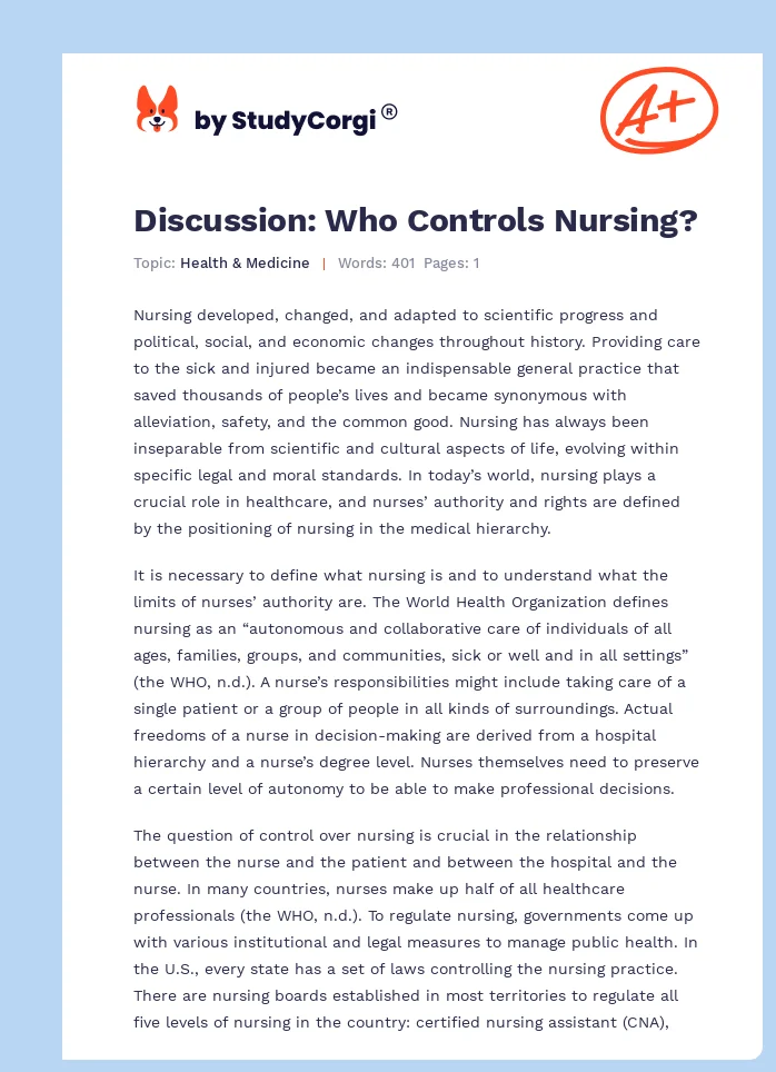Discussion: Who Controls Nursing?. Page 1