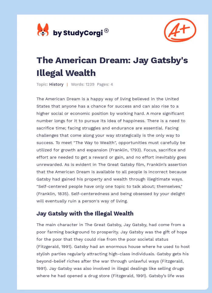 The American Dream: Jay Gatsby's Illegal Wealth. Page 1