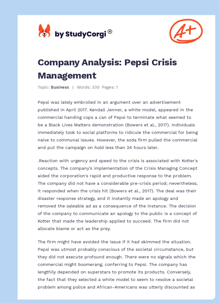 Company Analysis: Pepsi Crisis Management. Page 1