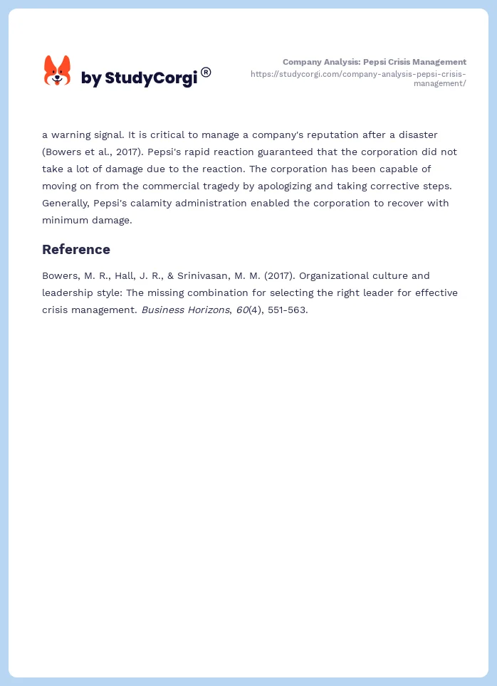 Company Analysis: Pepsi Crisis Management. Page 2