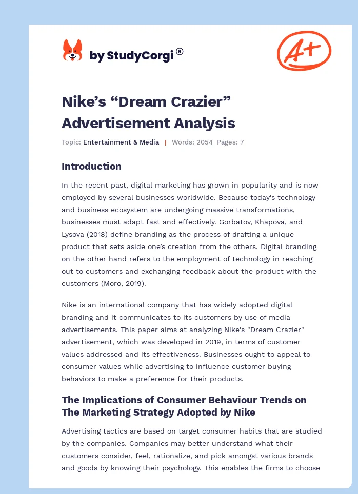 Nike’s “Dream Crazier” Advertisement Analysis. Page 1