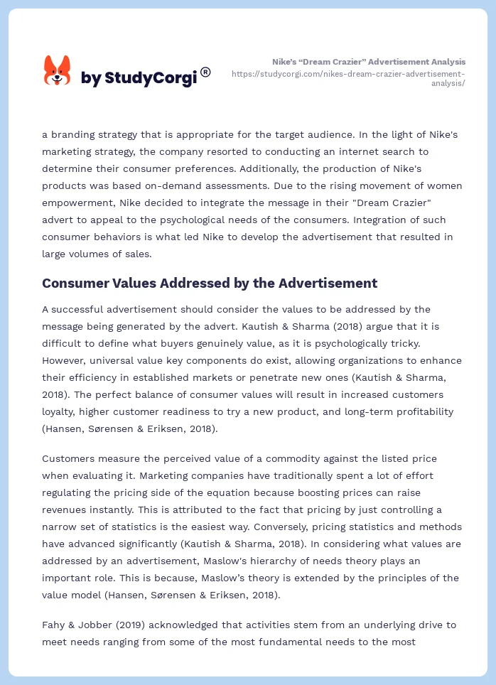 Nike’s “Dream Crazier” Advertisement Analysis. Page 2