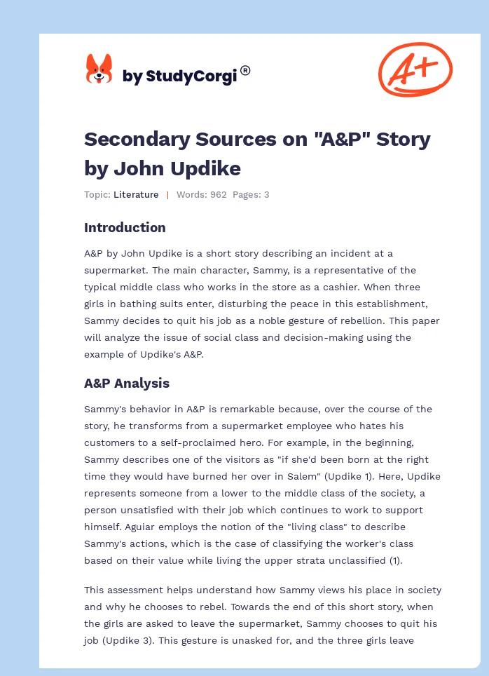 Secondary Sources on "A&P" Story by John Updike. Page 1