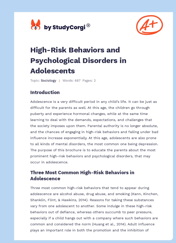 High-Risk Behaviors and Psychological Disorders in Adolescents. Page 1