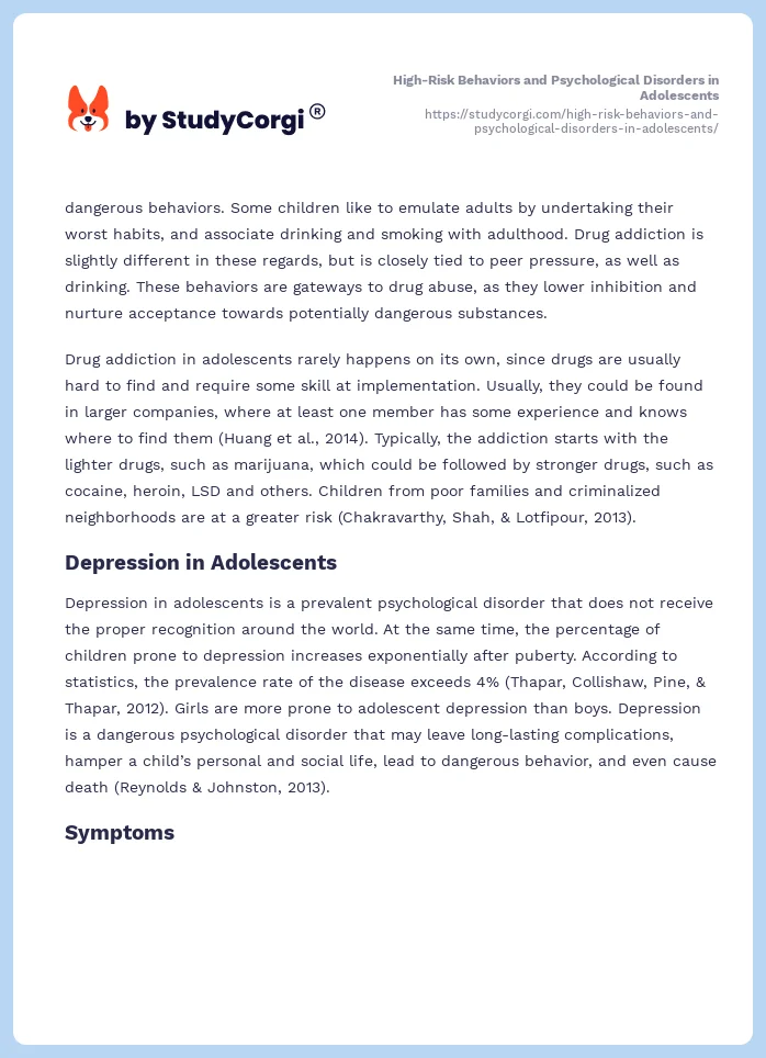High-Risk Behaviors and Psychological Disorders in Adolescents. Page 2