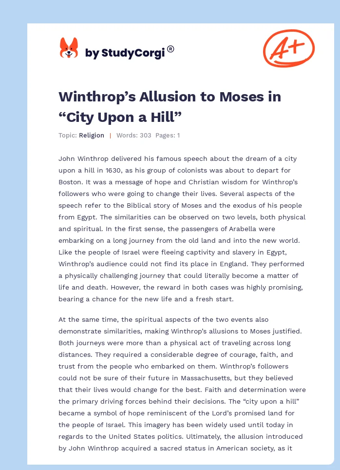 Winthrop’s Allusion to Moses in “City Upon a Hill”. Page 1