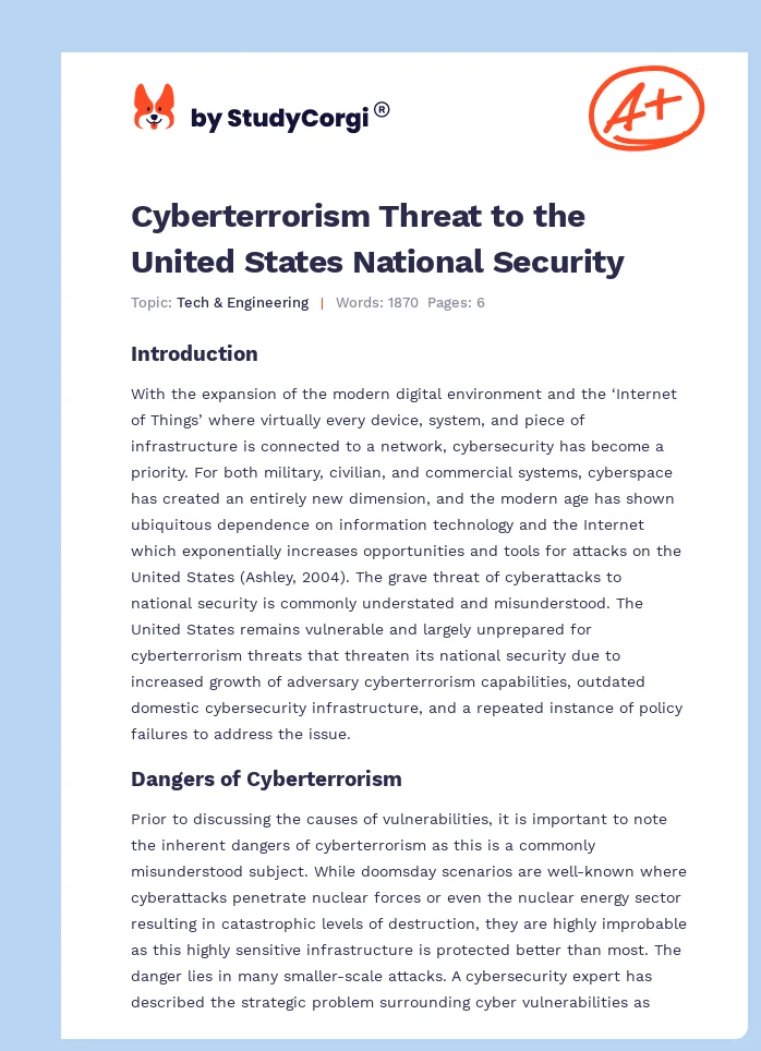 Cyberterrorism Threat to the United States National Security. Page 1