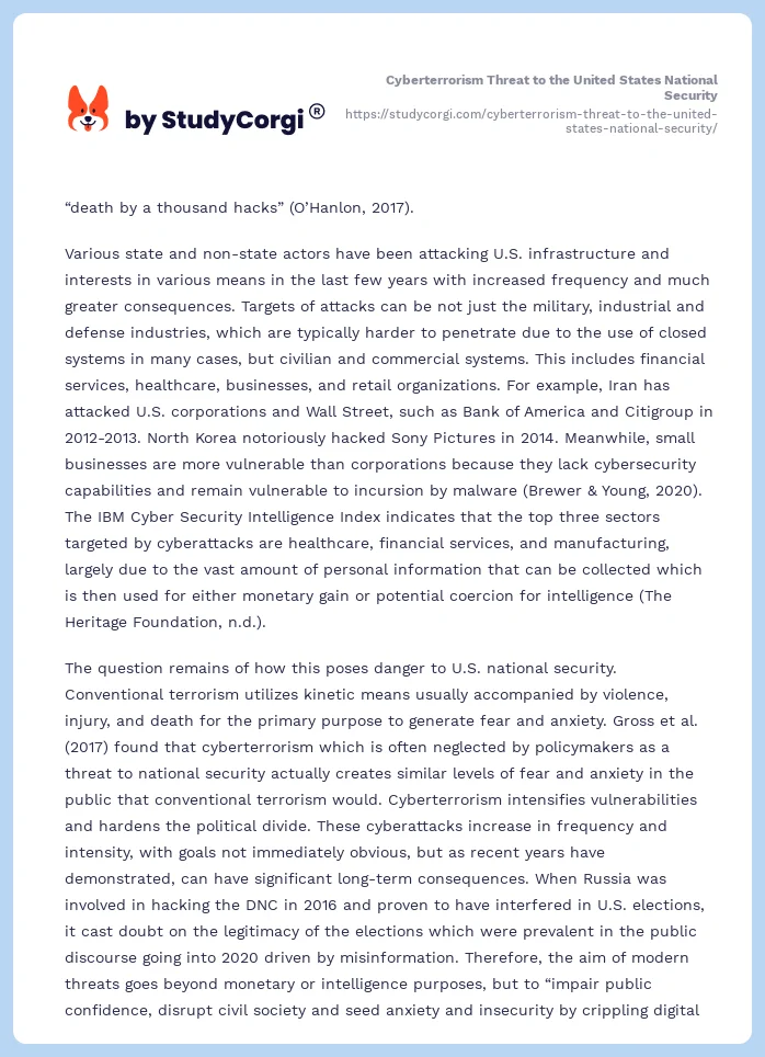Cyberterrorism Threat to the United States National Security. Page 2