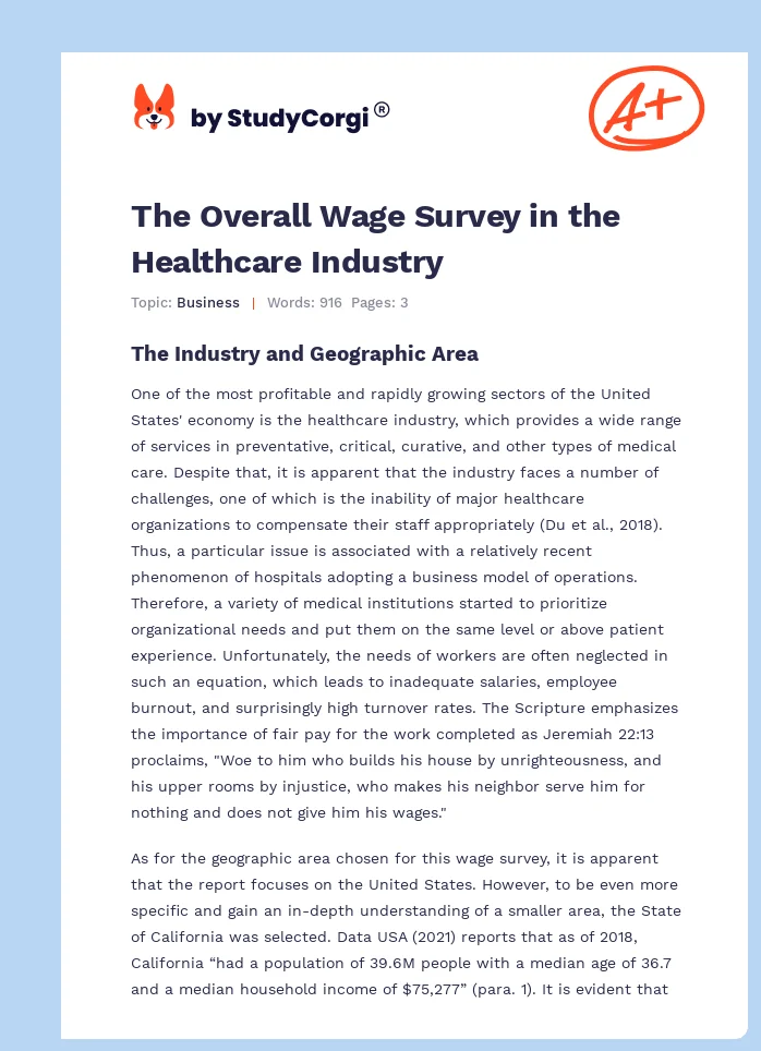 The Overall Wage Survey in the Healthcare Industry. Page 1
