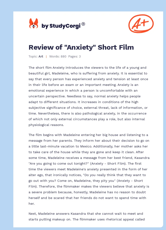 Review of "Anxiety" Short Film. Page 1