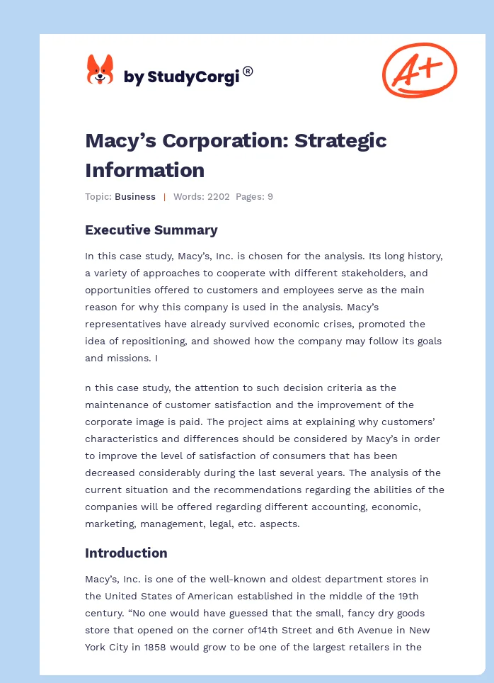 Macy’s Corporation: Strategic Information. Page 1