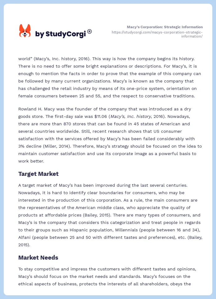 Macy’s Corporation: Strategic Information. Page 2