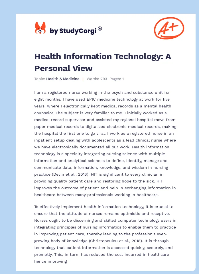 Health Information Technology: A Personal View. Page 1