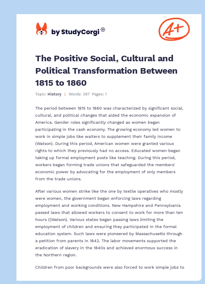 The Positive Social, Cultural and Political Transformation Between 1815 to 1860. Page 1