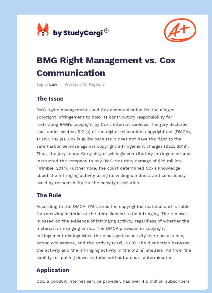 BMG Right Management vs. Cox Communication. Page 1