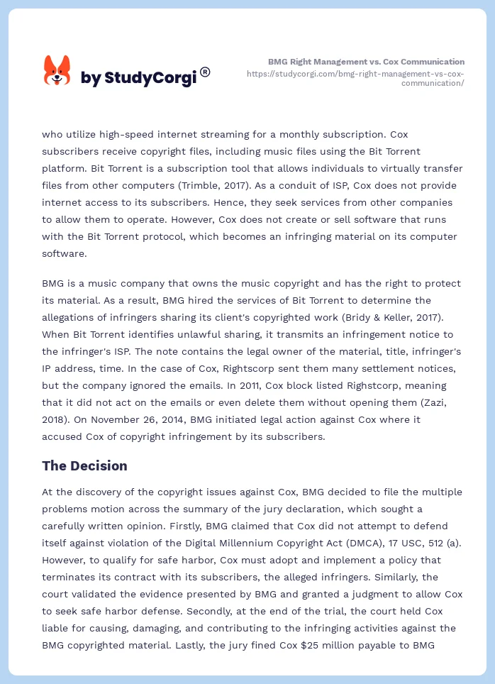 BMG Right Management vs. Cox Communication. Page 2