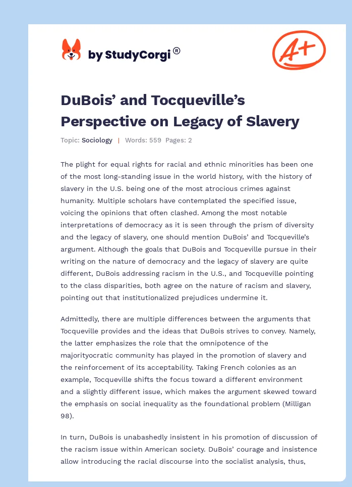 DuBois’ and Tocqueville’s Perspective on Legacy of Slavery. Page 1
