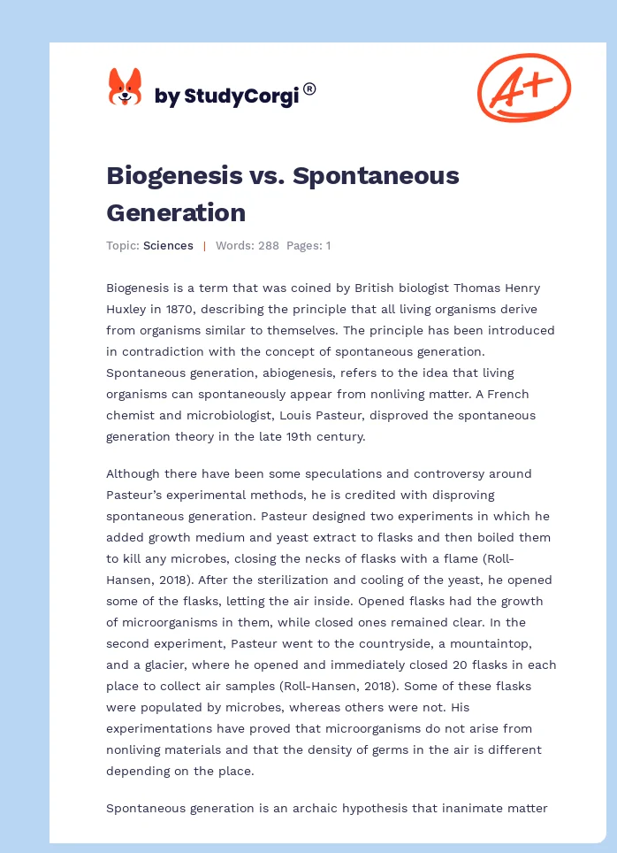 Biogenesis vs. Spontaneous Generation. Page 1