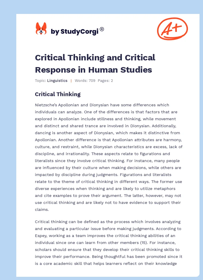 Critical Thinking and Critical Response in Human Studies. Page 1