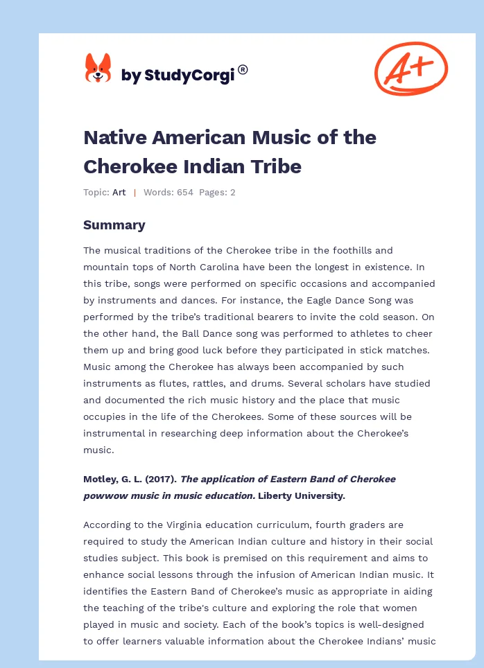 Native American Music of the Cherokee Indian Tribe. Page 1