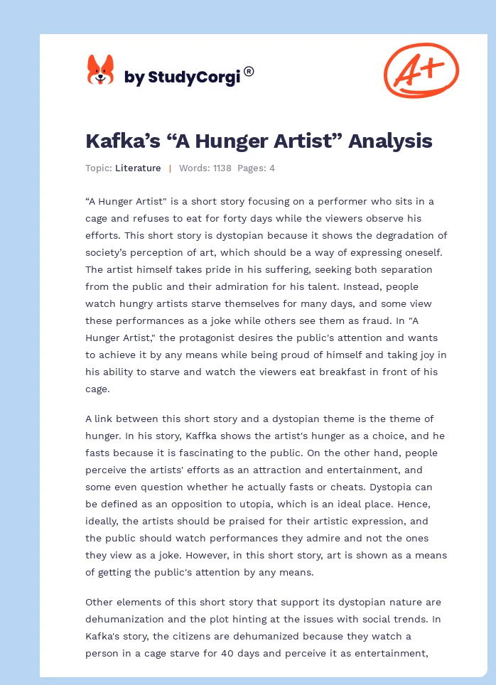 Kafka’s “A Hunger Artist” Analysis. Page 1