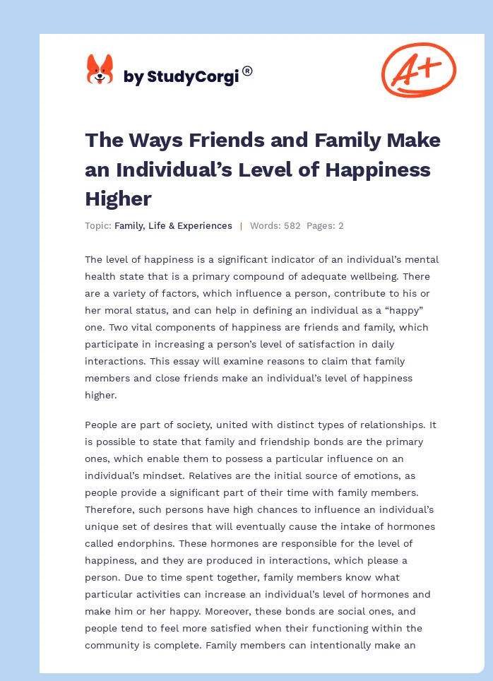 The Ways Friends and Family Make an Individual’s Level of Happiness Higher. Page 1
