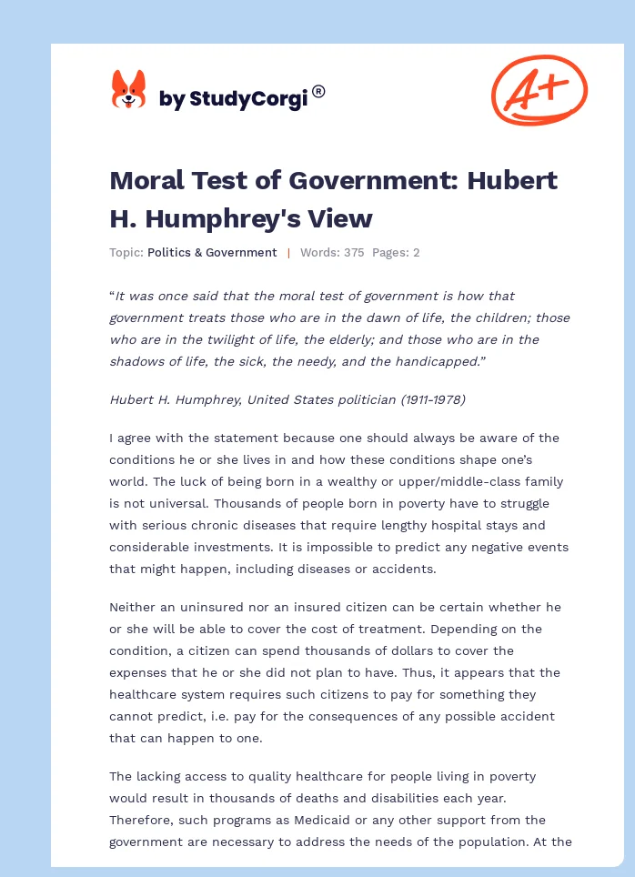 Moral Test of Government: Hubert H. Humphrey's View. Page 1