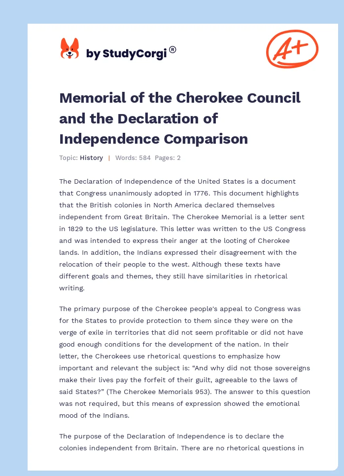 Memorial of the Cherokee Council and the Declaration of Independence Comparison. Page 1