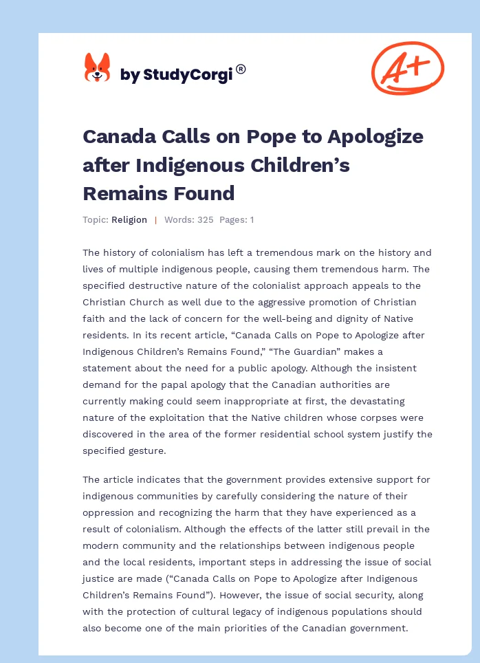 Canada Calls on Pope to Apologize after Indigenous Children’s Remains Found. Page 1