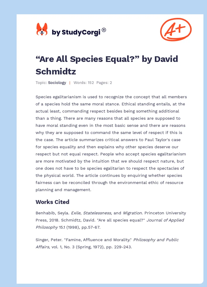 “Are All Species Equal?” by David Schmidtz. Page 1