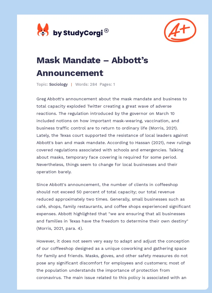 Mask Mandate – Abbott’s Announcement. Page 1