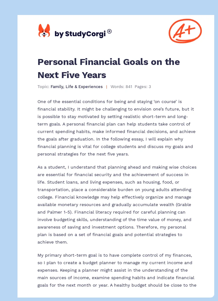 Personal Financial Goals on the Next Five Years. Page 1