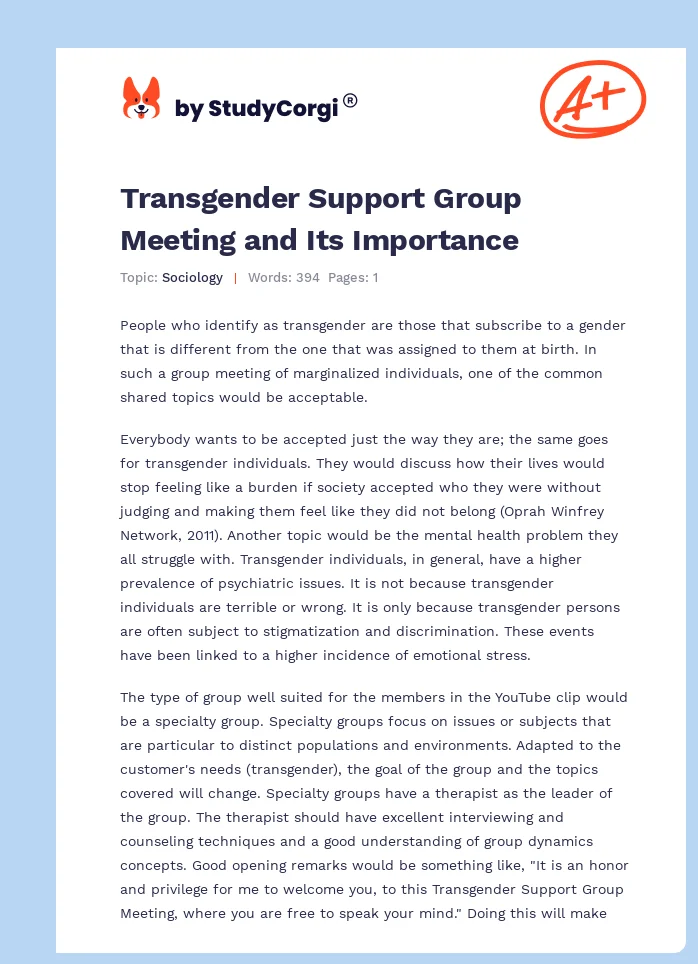Transgender Support Group Meeting and Its Importance. Page 1