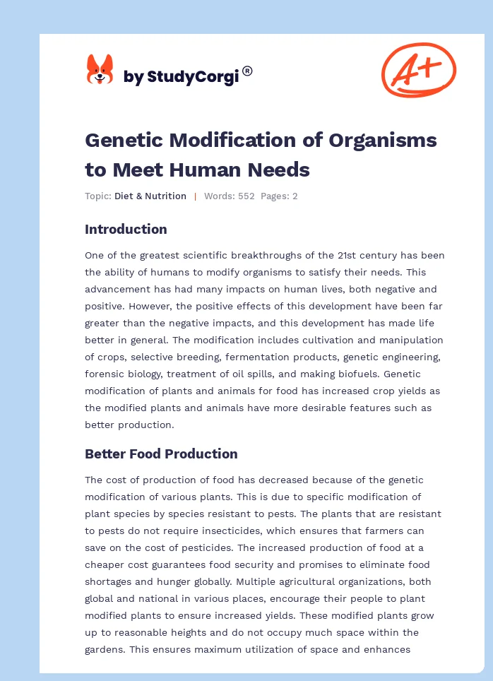 Genetic Modification of Organisms to Meet Human Needs. Page 1