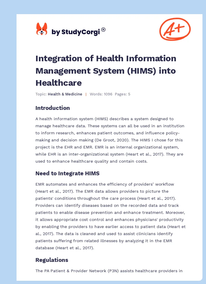 Integration of Health Information Management System (HIMS) into Healthcare. Page 1