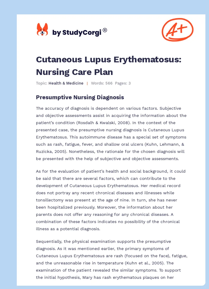 Cutaneous Lupus Erythematosus: Nursing Care Plan. Page 1