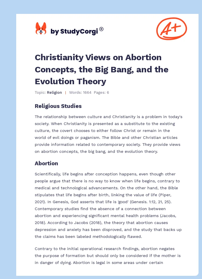 Christianity Views on Abortion Concepts, the Big Bang, and the Evolution Theory. Page 1