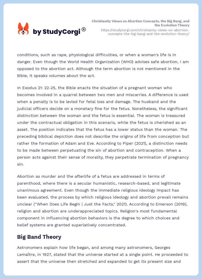 Christianity Views on Abortion Concepts, the Big Bang, and the Evolution Theory. Page 2